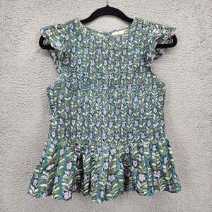 Perry Walker Collective Smocked Floral Block Print Top Teal Purple Women Size 4
